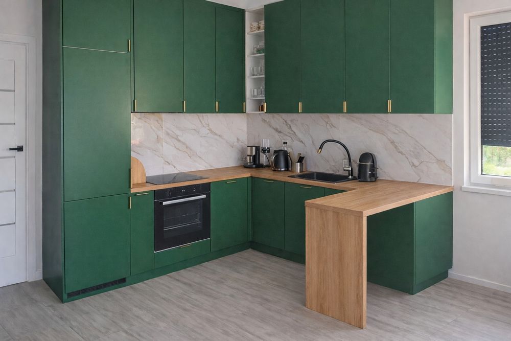 Rezerwacja Nowoczesna kuchnia L + półwysep | zielone fronty | blat dre