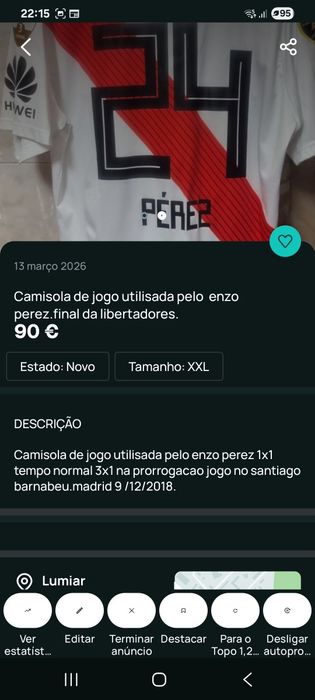 Camisola de jogo ultilisada pelo  enzo perez.final da libertadores.