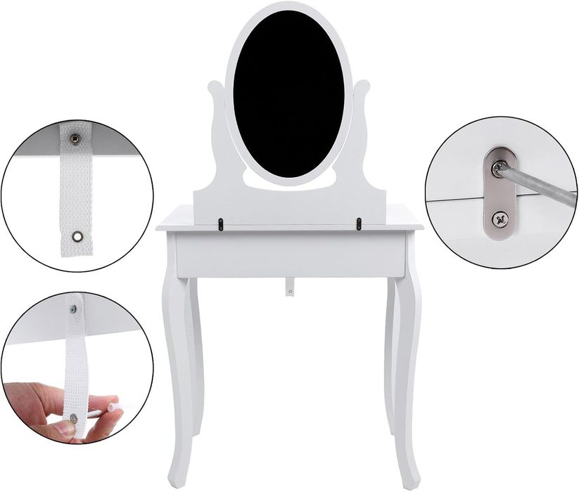 Toaletka kosmetyczna z lustrem i taboretem – biała, 3 szuflady