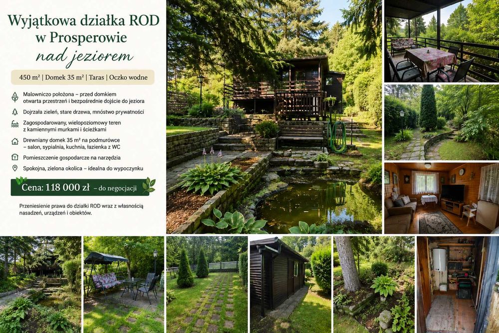 Działka ROD Prosperowo nad jeziorem – 450 m², domek, piękny ogród