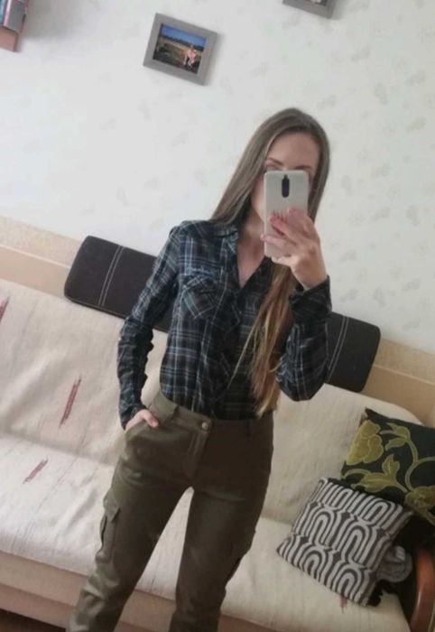 Koszula damska bluzka w kratkę brąz z błękitem ze srebrną nitką