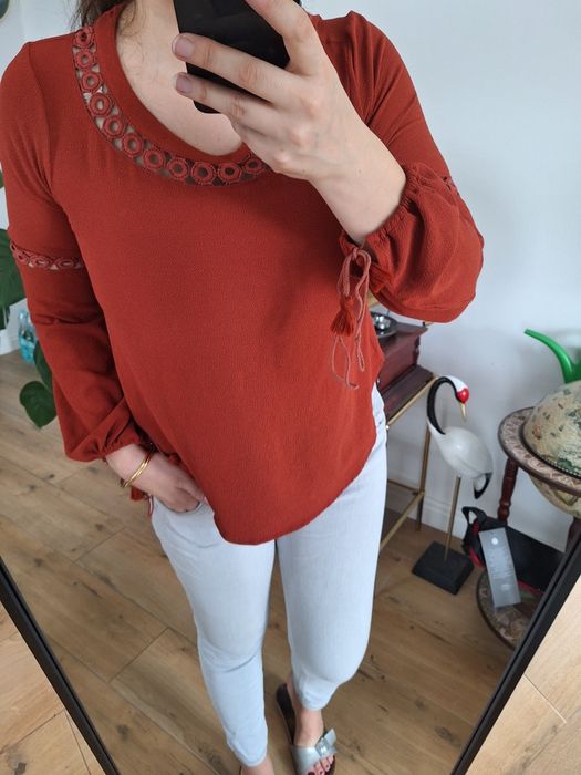 Koszula bluzka elegancka koronkowa pomarańczowa do pracy casual basic