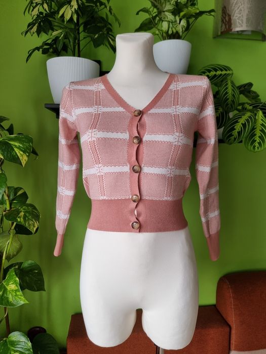 Krótki kardigan sweter kratka krata retro preppy wiskoza S 36