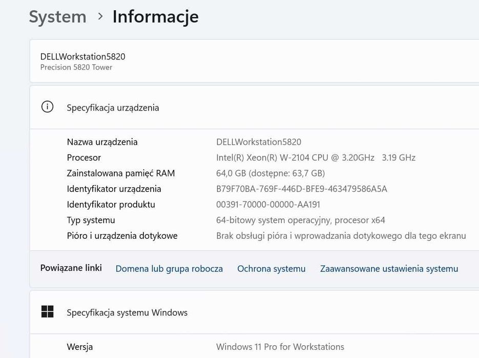 Super DELL Precision 5820 Xeow W, 64gb ram, 2.5 Tera, SSD, Grafika 8gb