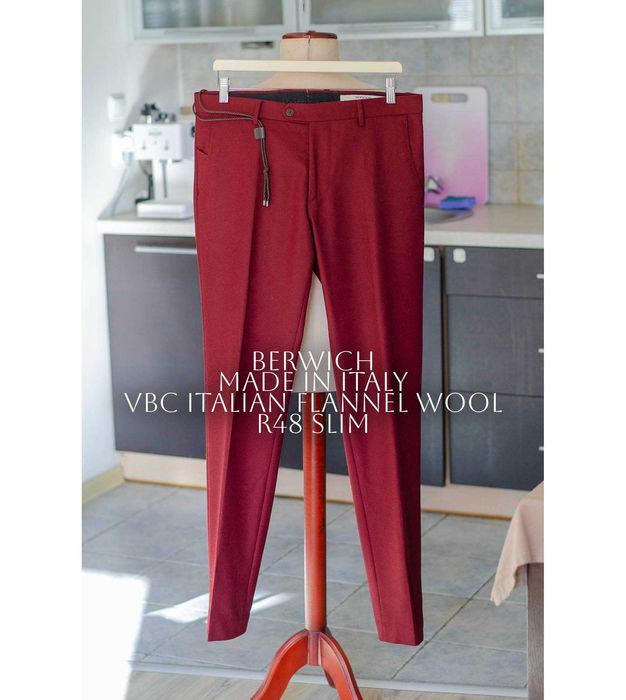 Włoskie spodnie flanelowe Berwich r48, 100% wełna, czerwone, Vitale