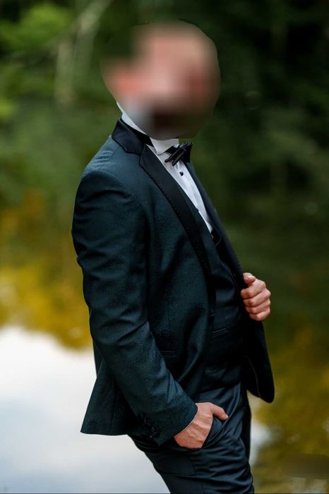 Garnitur Ślubny Giacomo Conti Butelkowa Zieleń Marynarka Wzór Żakard