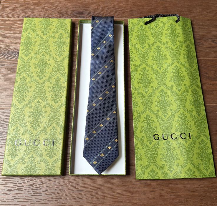 Krawat Gucci granatowy wzór zestaw pudełko torba