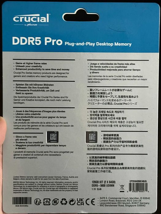 RAM Workstation/AI Crucial DDR5 Pro 128GB (2x64GB) 5600MHz NOVA SELADA