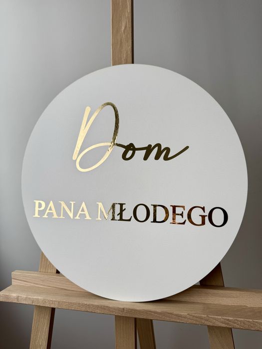 Koło tablica Dom Pana Młodego złoty napis dekoracje domu sali wesele