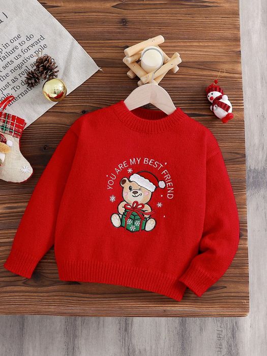 Sweter dziecięcy świąteczny czerwony z misiem okrągły dekolt SHEIN 110