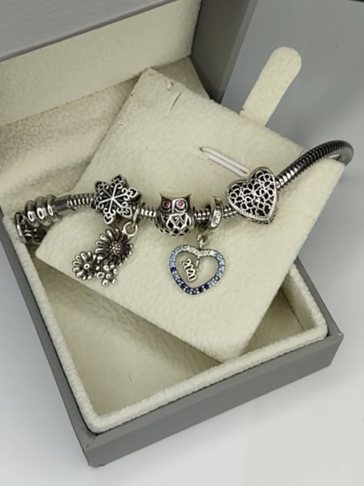 Bransoletka baza charms + 5 charmsów srebro 925