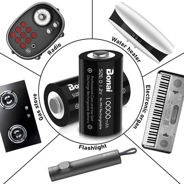 BONAI Pilhas D recarregáveis 1,2V Ni-MH 10000mAh 1200 ciclos (4 baterias / pilhas)