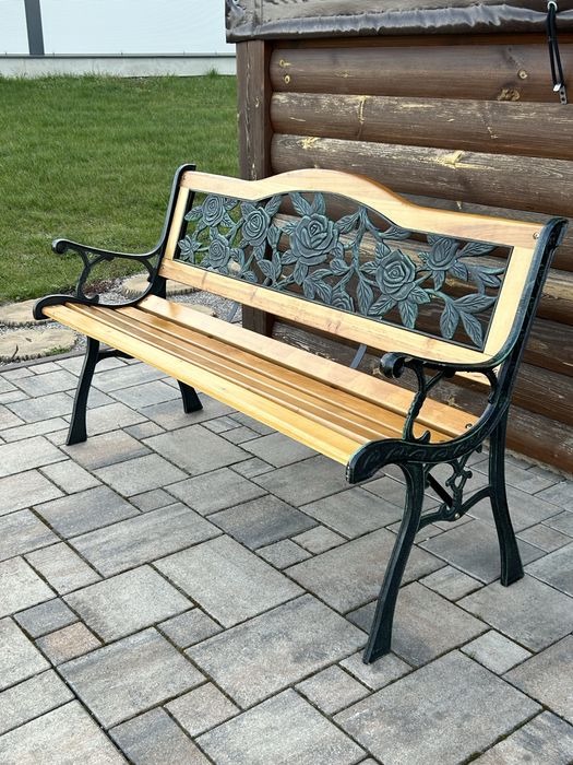 Ławka Ogrodowa Drewniana Metalowa Ławeczka Parkowa Ozdobna z Oparciem