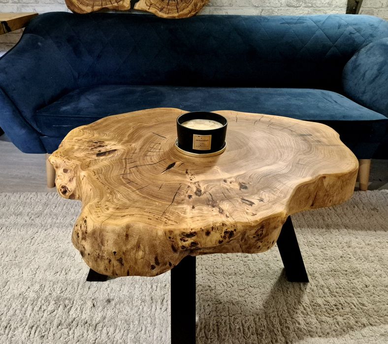 Stolik kawowy 79x65cm PIĘKNY OKAZ LIVE EDGE plaster drewna loft