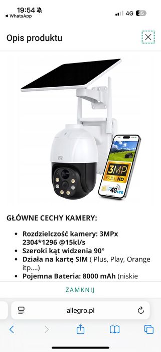 Kamera obrotowa solarna na kartę SIM 4g 3mpx