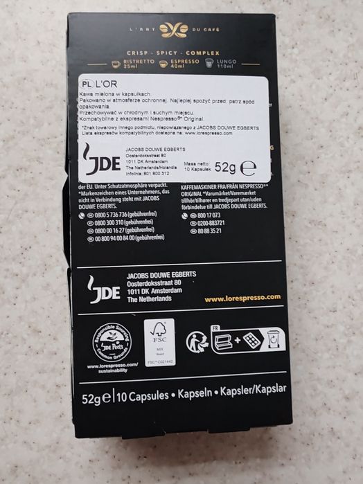 Kapsułki do ekspresu Nespresso L'Or Ristretto. Sprzedaż po 20 opakowan