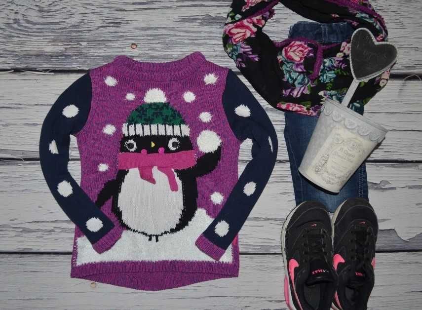 4 - 5 л Обалденный стильный и эффектный свитер джемпер девочке пингвин