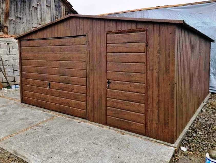 Garaż 5x5 ciemny orzech - drewnopodobny blaszak