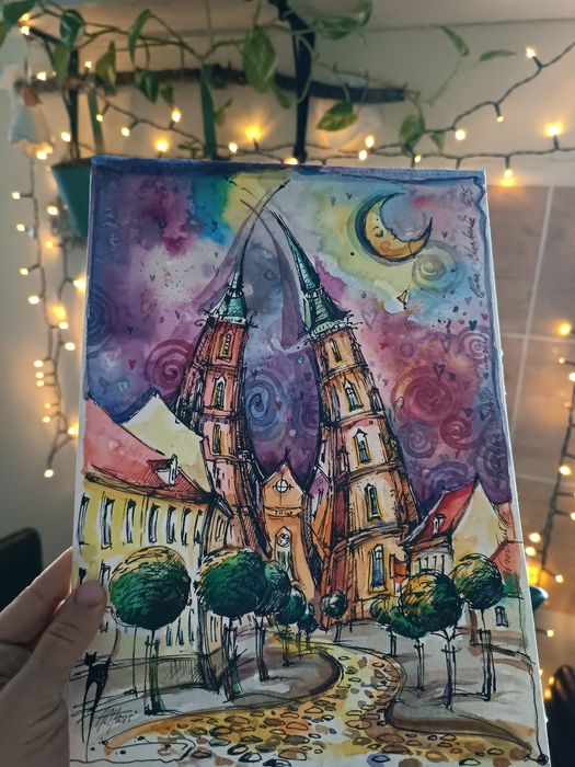 Ostrów Tumski Wrocław akwarela oryginał rysunek szkic Art