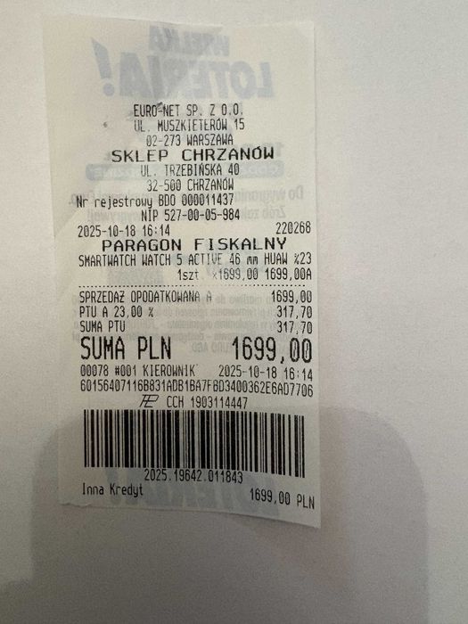 Huawei Watch 5 active czarny LTE, eSIM, Bluetooth, NFC gwarancja.