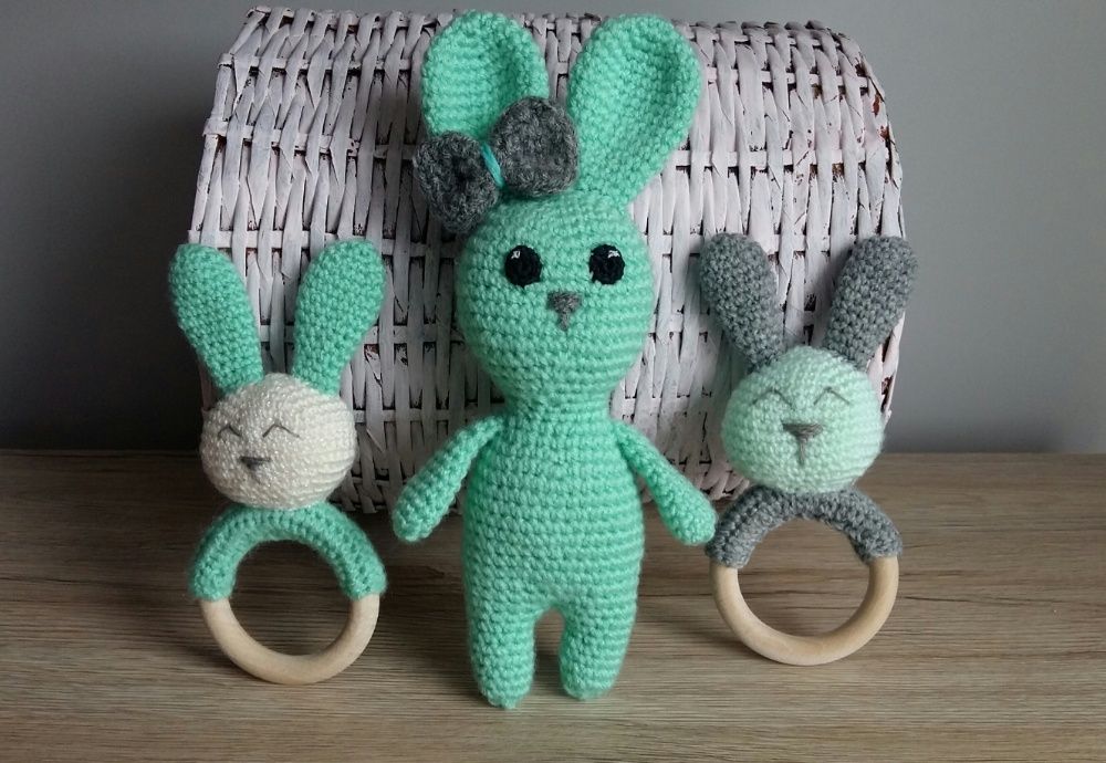 Króliczek królik na szydełku maskotka przytulanka Handmade Nowa Mięta
