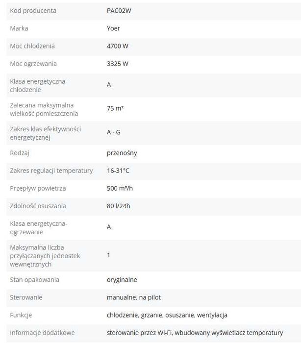 4w1 cichy klimatyzator przenośny Yoer 4,7kW 75m2 chłodzi i grzeje