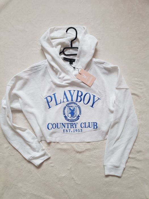 Bluza playboy M university College biała haftowana krótka crop wafelko