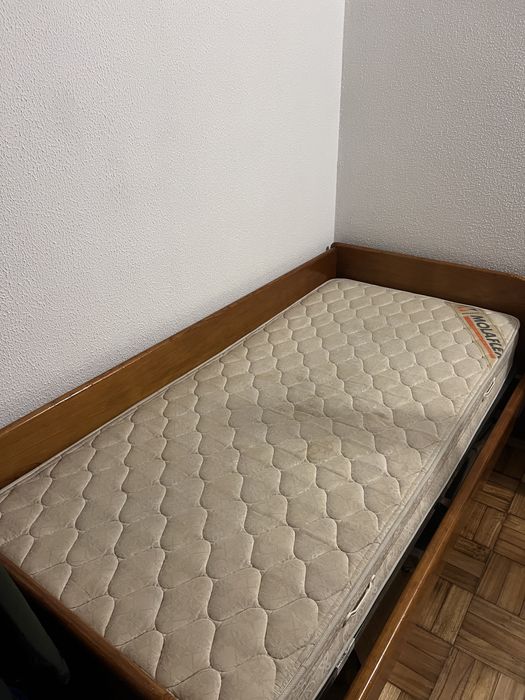 Cama, estrado, colchão (madeira maciça, molaflex)