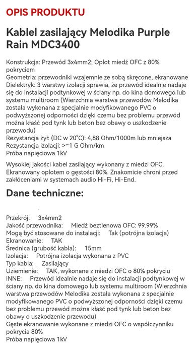 Kabel zasilający audio Melodika 3x4 mm dł 1.0m Wtyki Schuko Audiocrast