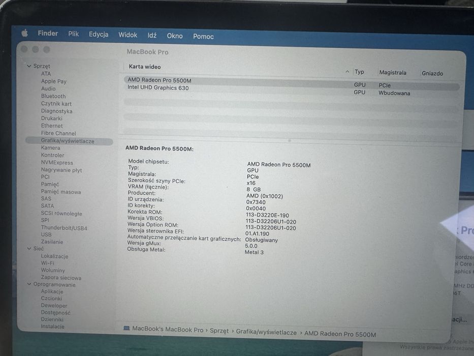 Apple MacBook Pro 16" A2141 i9 32GB RAM 1TB 5500M 8GB IDEALNY