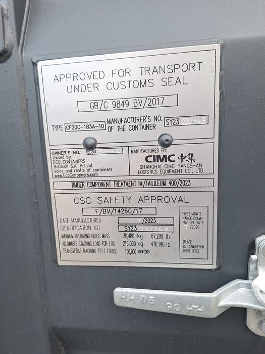 Kontener 20'DC NOWY one way loco Szczecin