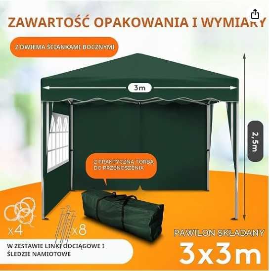 Pawilon składany, wodoszczelny, wymiary dachu, 3 x 3 m,