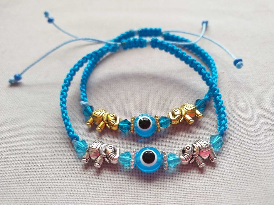 Pulseira em Macramê Olho Turco entre Elefantes Azul Anil