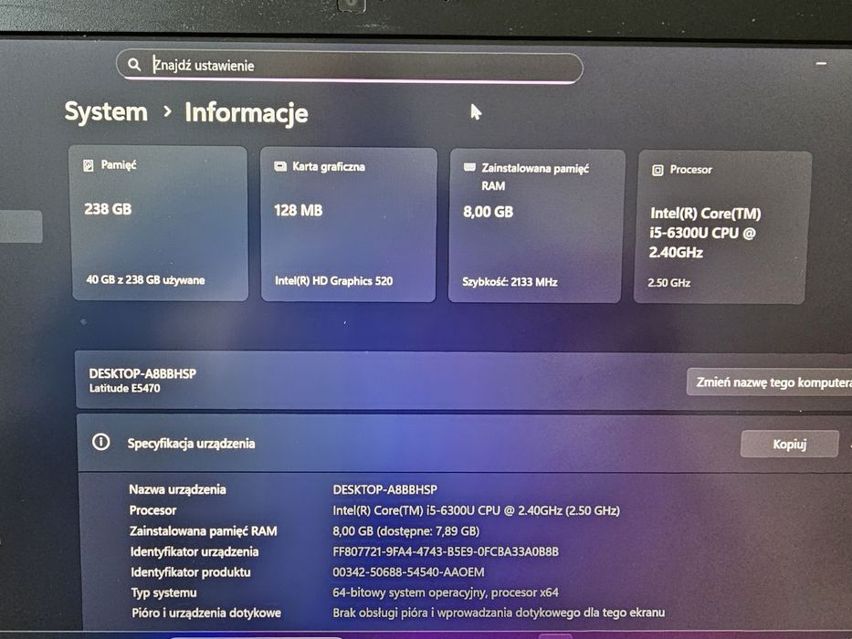 Dell Latitude E54570 i5-6300 2x2.4GHz 8GB Ram dysk SSD 240GB  ! ideał