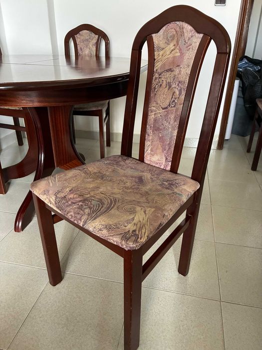 Mesa de jantar extensível, madeira maciça, 5 cadeiras