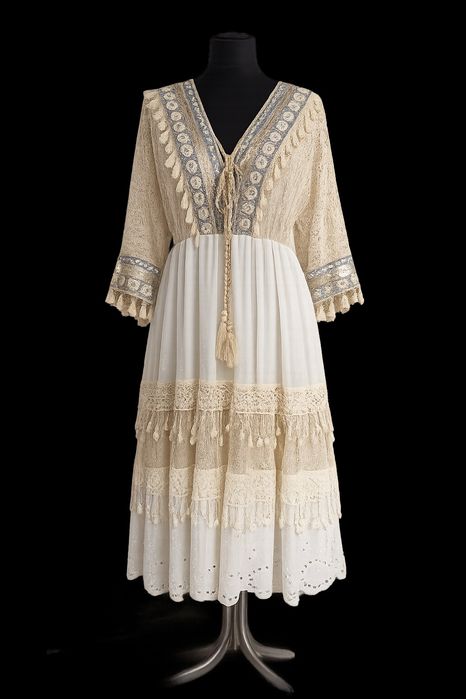 Sukienka boho oversize – moda włoska, koronka, hafty, cekiny, frędzle, bawełna