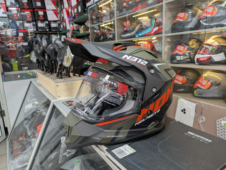 Мотард ендуро мото шолом з візором NOX N312 Vapor Matt Khaki Orange