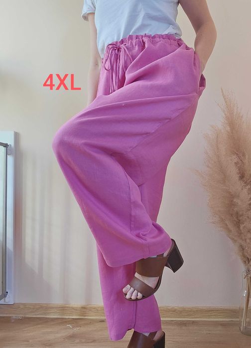 Letnie długie spodnie lniane 100% len różowy boho 50/52