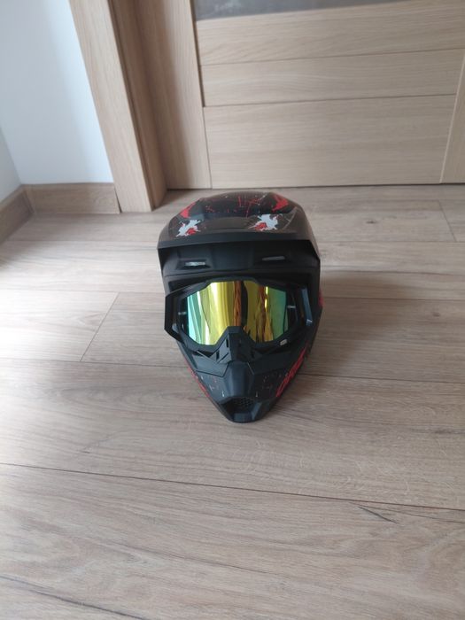 Kask motocyklowy Cross / Enduro ORZ + Gogle lustrzane (Stan  / Nowy)