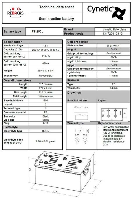 Bateria solar monobloco 12v 250Ah Placa plana Cyneti