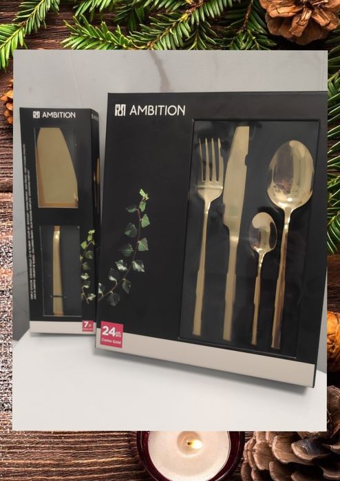 Zestaw złotych sztućców Ambition łopatka i 6 widelczykow