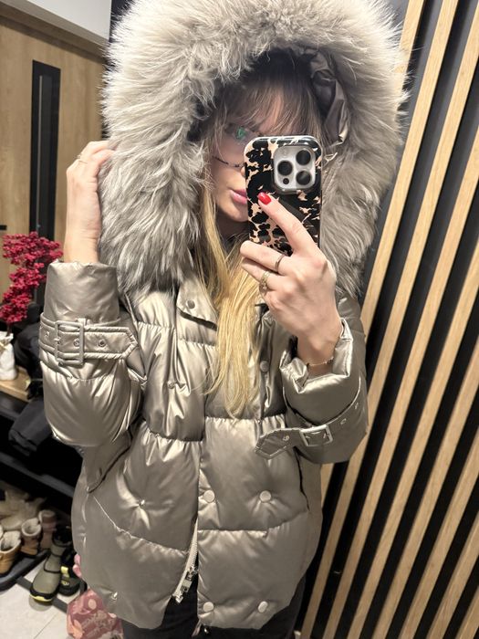 Kurtka puchowa jenot obszycie naturalne metaliczna zimowa
