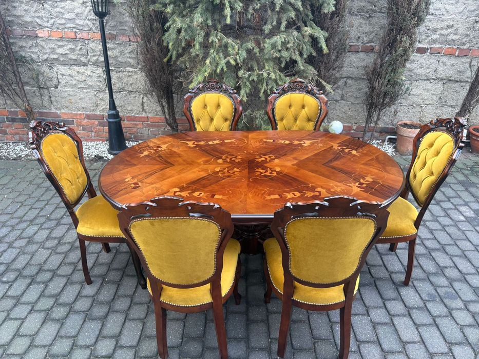 Stół Ludwikowski + 6 Krzeseł Ludwik Intarsja Jadalnia Po Renowacji