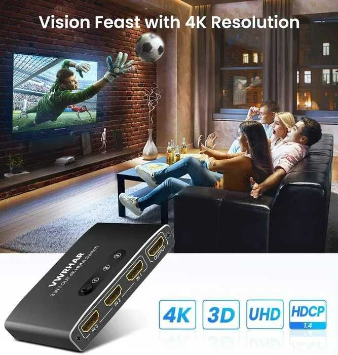 HDMI Switch HDMI Splitter, Automatisch 4K Aluminium HDMI