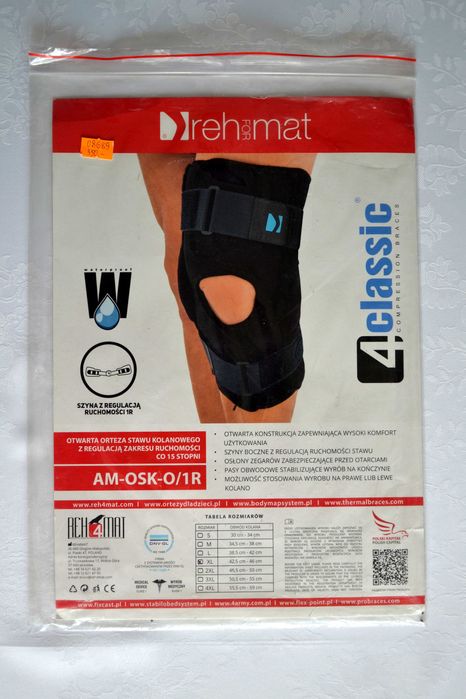 Opaska, stabilizator stawu kolanowego z regulacją zakresu ruchomości.
