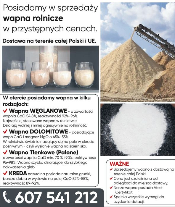 Hurtowe ceny ! Wapno nawozowe Węglanowe, Magnezowe, Tlenkowe, kreda