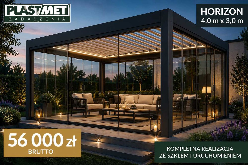 Pergola HORIZON 4x3 dach lamelowy + szyby przesuwne + automatyka + montaż