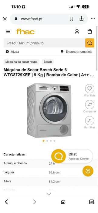 Máquina de Secar Bosch Serie 6 WTG8729XEE | 9 Kg | Bomba de Calor