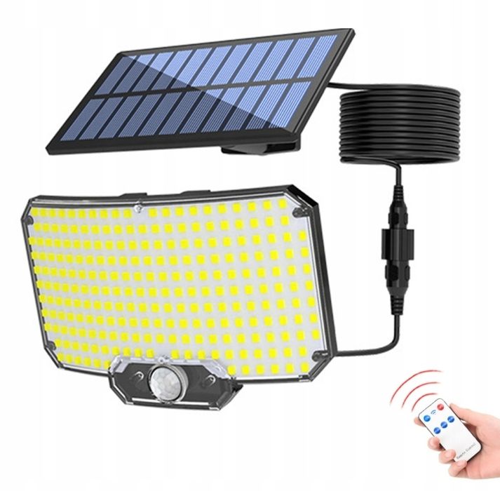 Lampa Solarna Zewnętrzna LED Czujnik Ruchu 3 Tryby 5m Przewód 2200 mA + PILOT