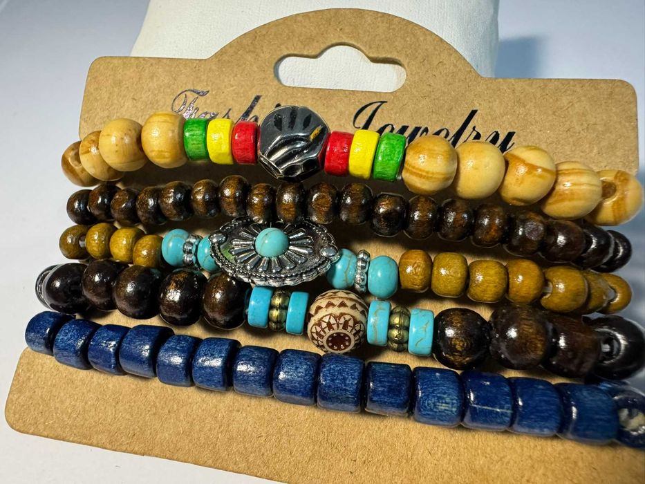 pięć drewnianych bransoletek Boho zestaw (m17)